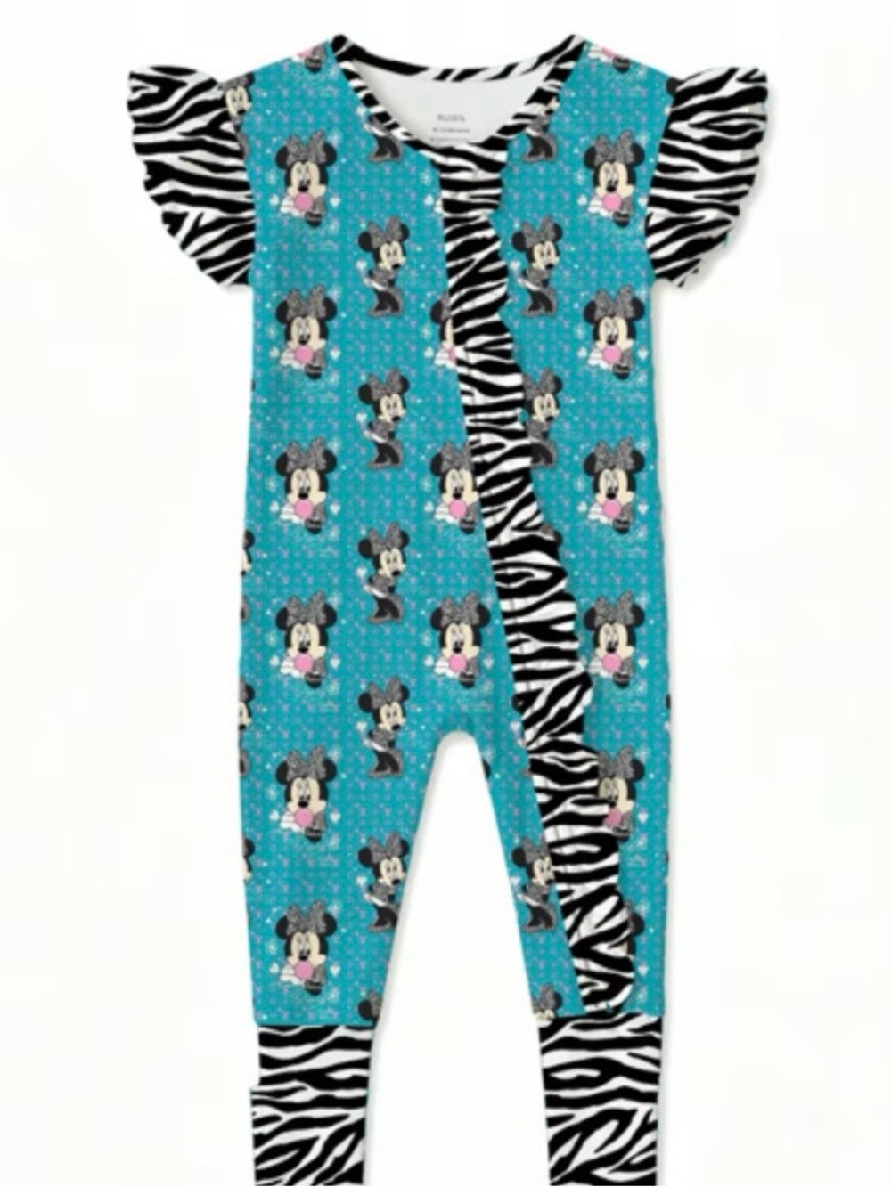 Disney Teal Minnie Mouse Zebra-Trim ruffle butt zippy w optional Footie